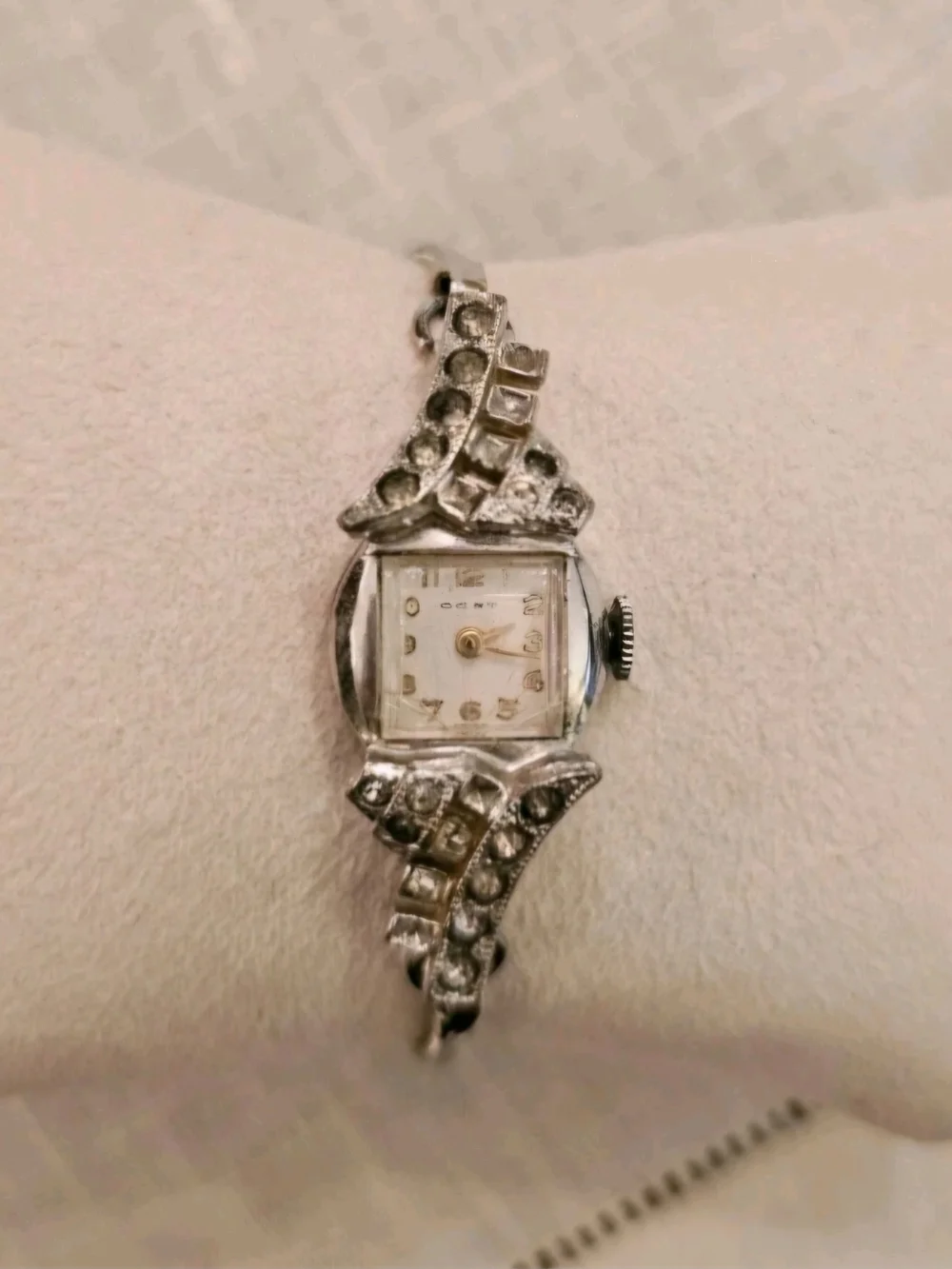 Vintage 40s Cort Art Deco Watch Rhinestone Silver Metal Band Mechanical Mvt Runs